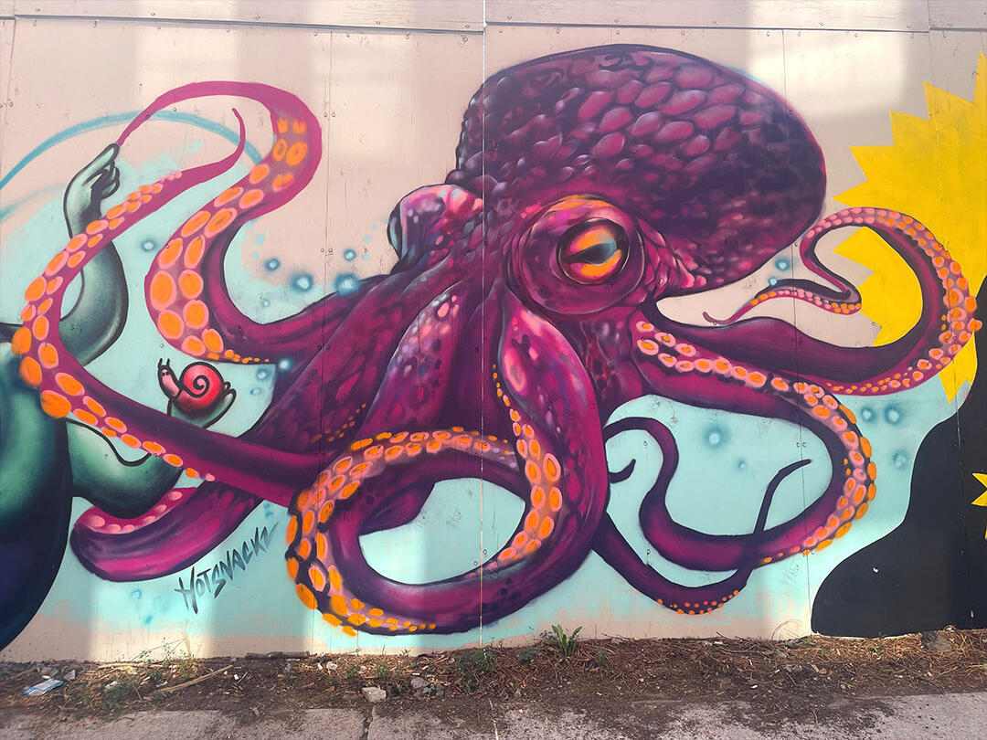 "Purple Octo" hoarding wall laneway collaboration, Toronto. 2025